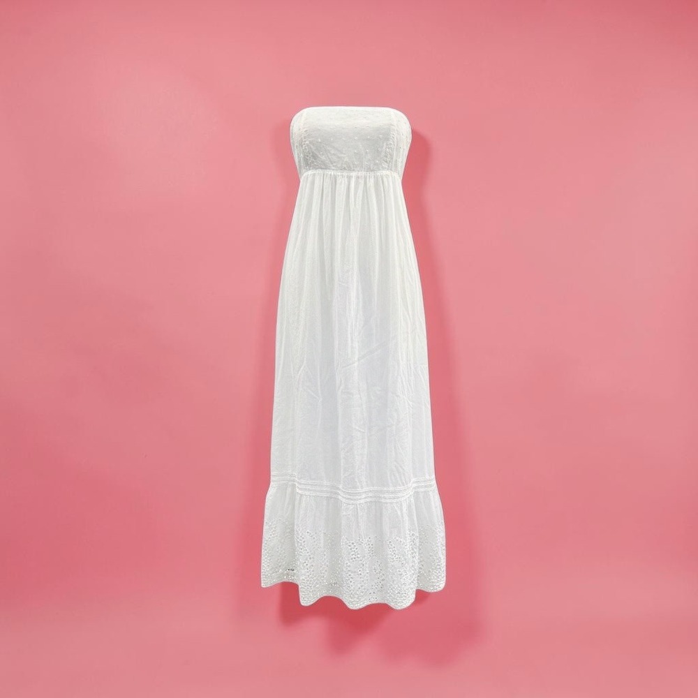 Old Navy White Cotton Eyelet Lace Maxi Dress Strapless Dotted Swiss Boho S